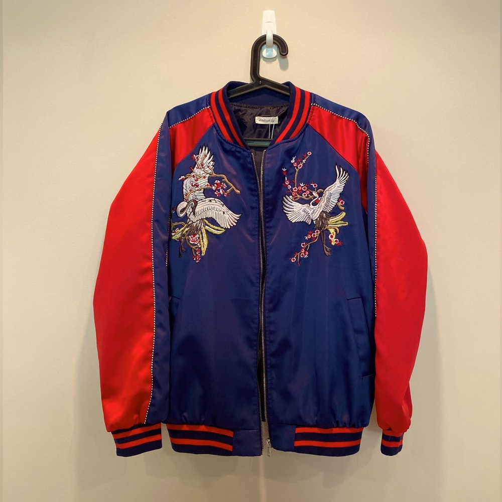 Embroidered Crane and Flower Bomber Jacket